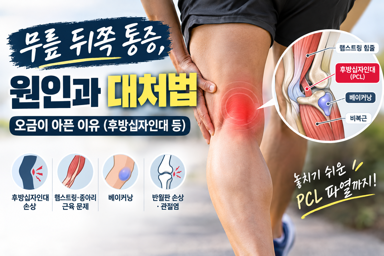 무릎 뒤쪽 통증, 원인과 대처법 | 오금이 아픈 이유 (후방십자인대 등)