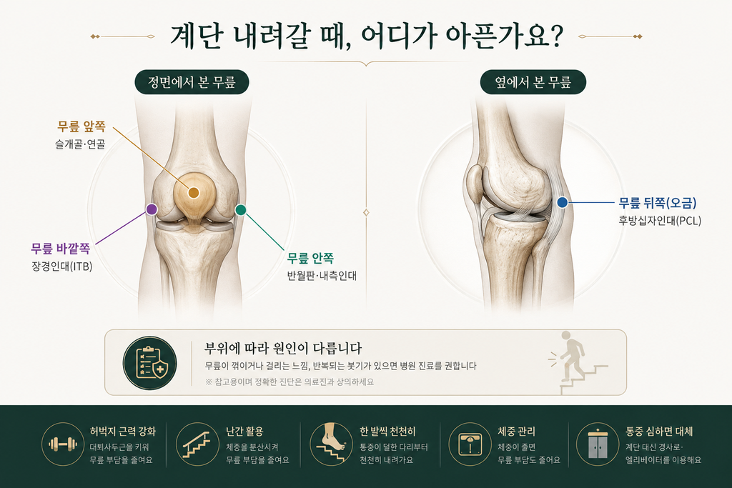 계단 내려갈 때 무릎 통증 부위별 위치 앞 안쪽 바깥쪽 뒤쪽