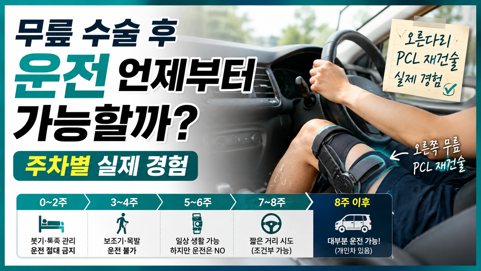 무릎 수술 후 운전 언제부터 가능할까 | 주차별 실제 경험 (오른다리 PCL 재건술)